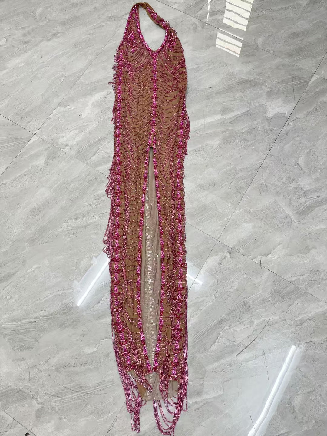 CELESINYI Meihong Crystal Fuchsia Halter Bodysuit