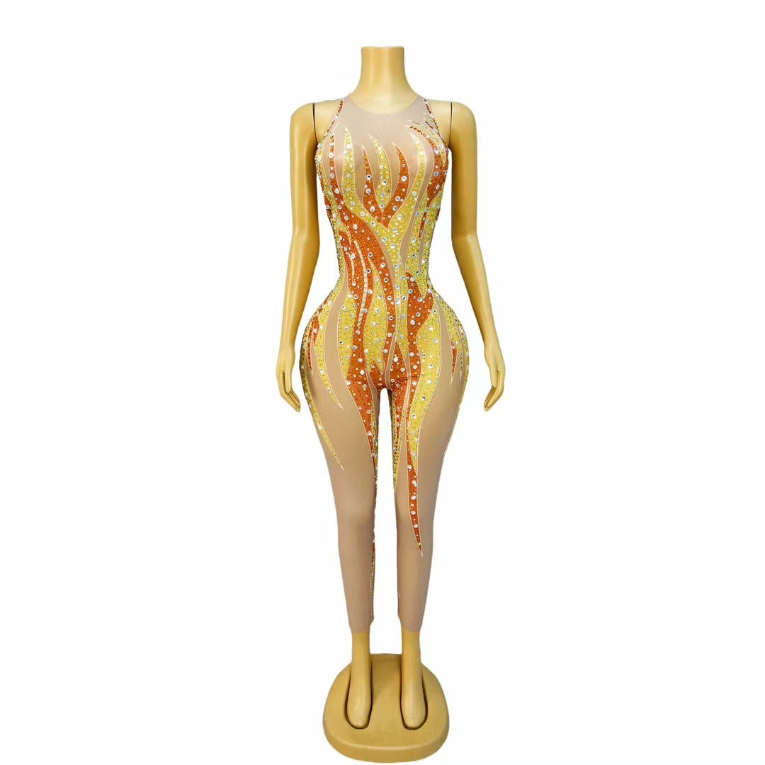 CELESINYI Jinhuowang Crystal Flame Print Bodysuit