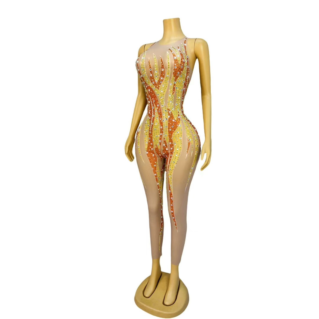 CELESINYI Jinhuowang Crystal Flame Print Bodysuit