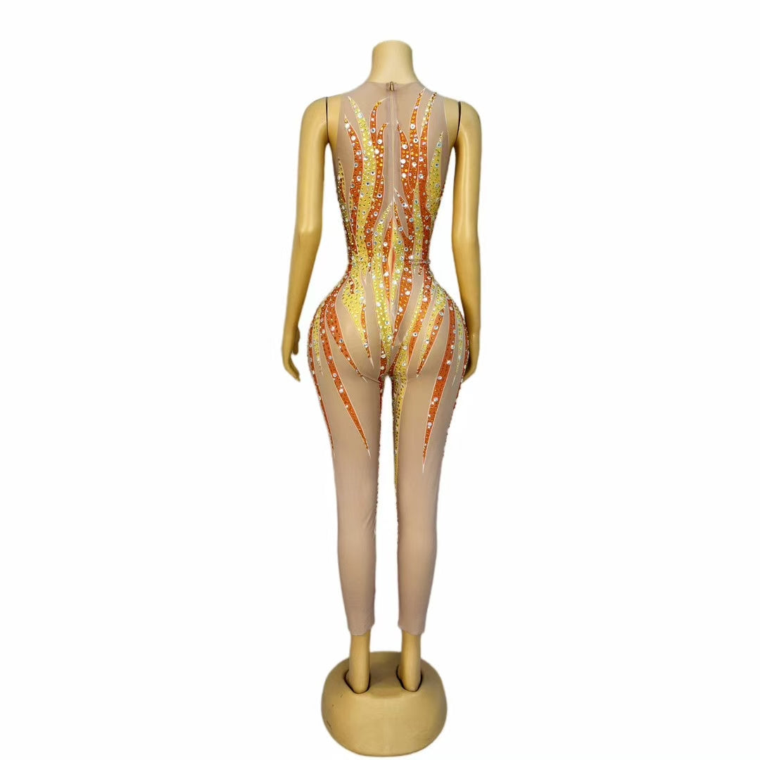 CELESINYI Jinhuowang Crystal Flame Print Bodysuit