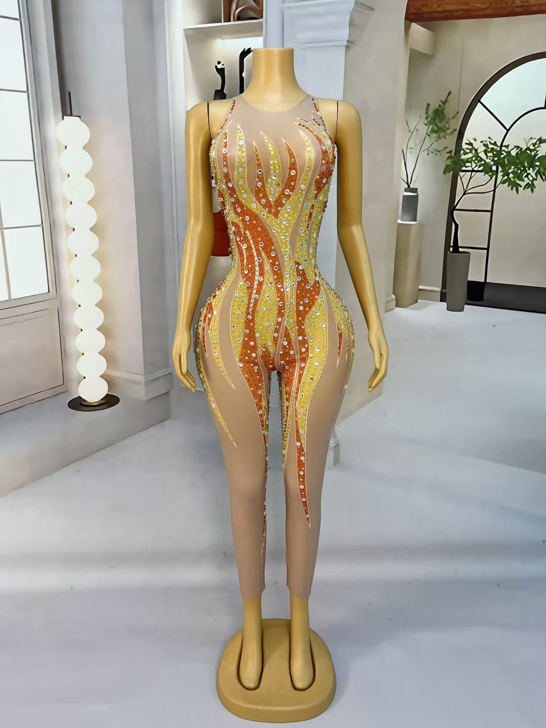 CELESINYI Jinhuowang Crystal Flame Print Bodysuit
