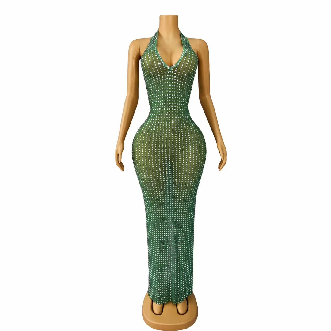 CELESINYI Lvguabo Crystal Emerald Halter Bodysuit