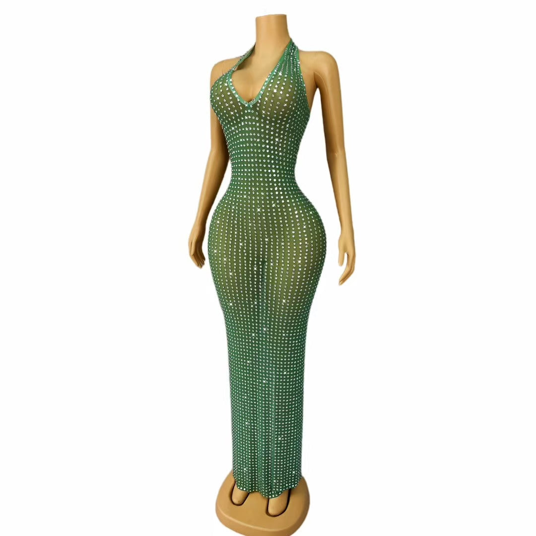 CELESINYI Lvguabo Crystal Emerald Halter Bodysuit