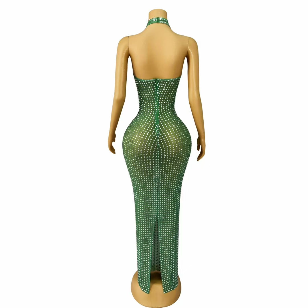 CELESINYI Lvguabo Crystal Emerald Halter Bodysuit