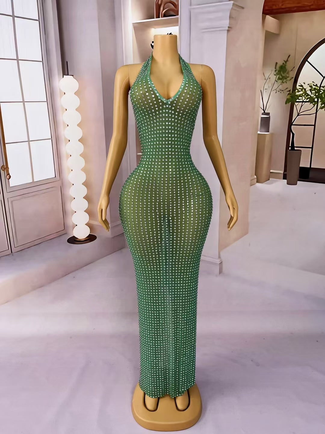 CELESINYI Lvguabo Crystal Emerald Halter Bodysuit