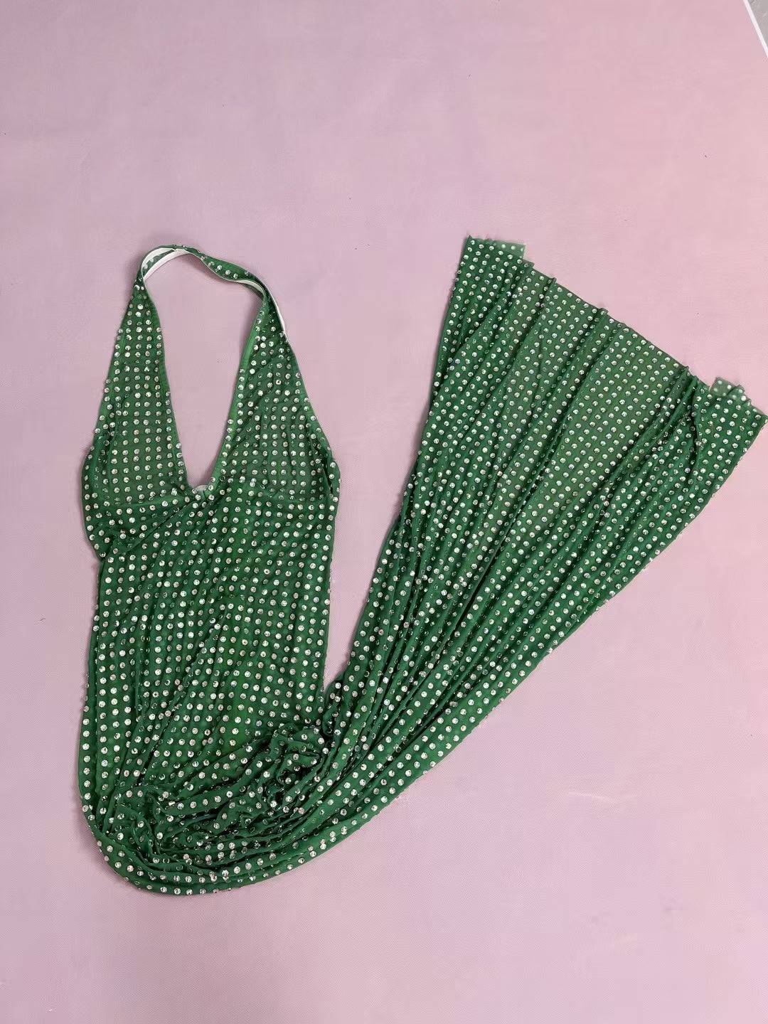 CELESINYI Lvguabo Crystal Emerald Halter Bodysuit