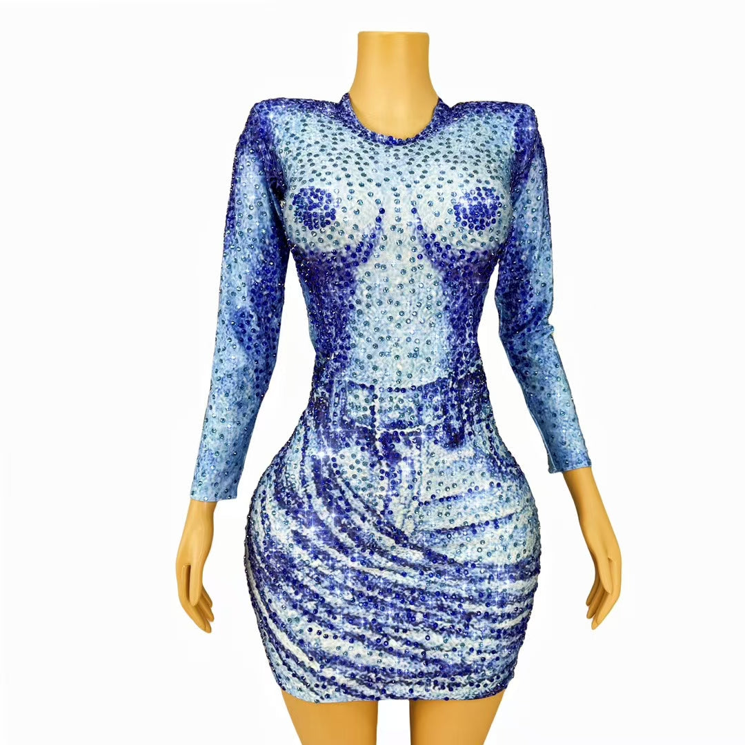 CELESINYI Lanniuzai Crystal Denim Illusion Mini Dress