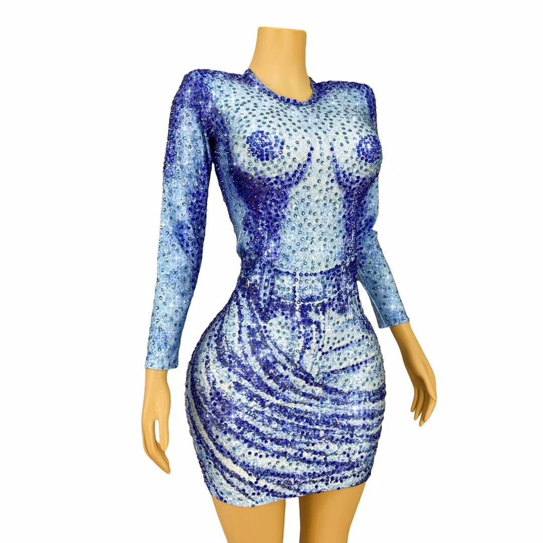 CELESINYI Lanniuzai Crystal Denim Illusion Mini Dress