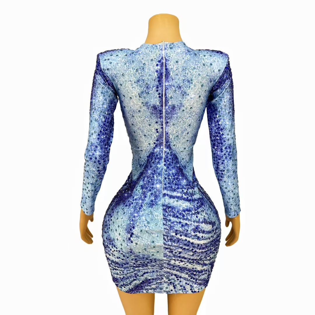 CELESINYI Lanniuzai Crystal Denim Illusion Mini Dress