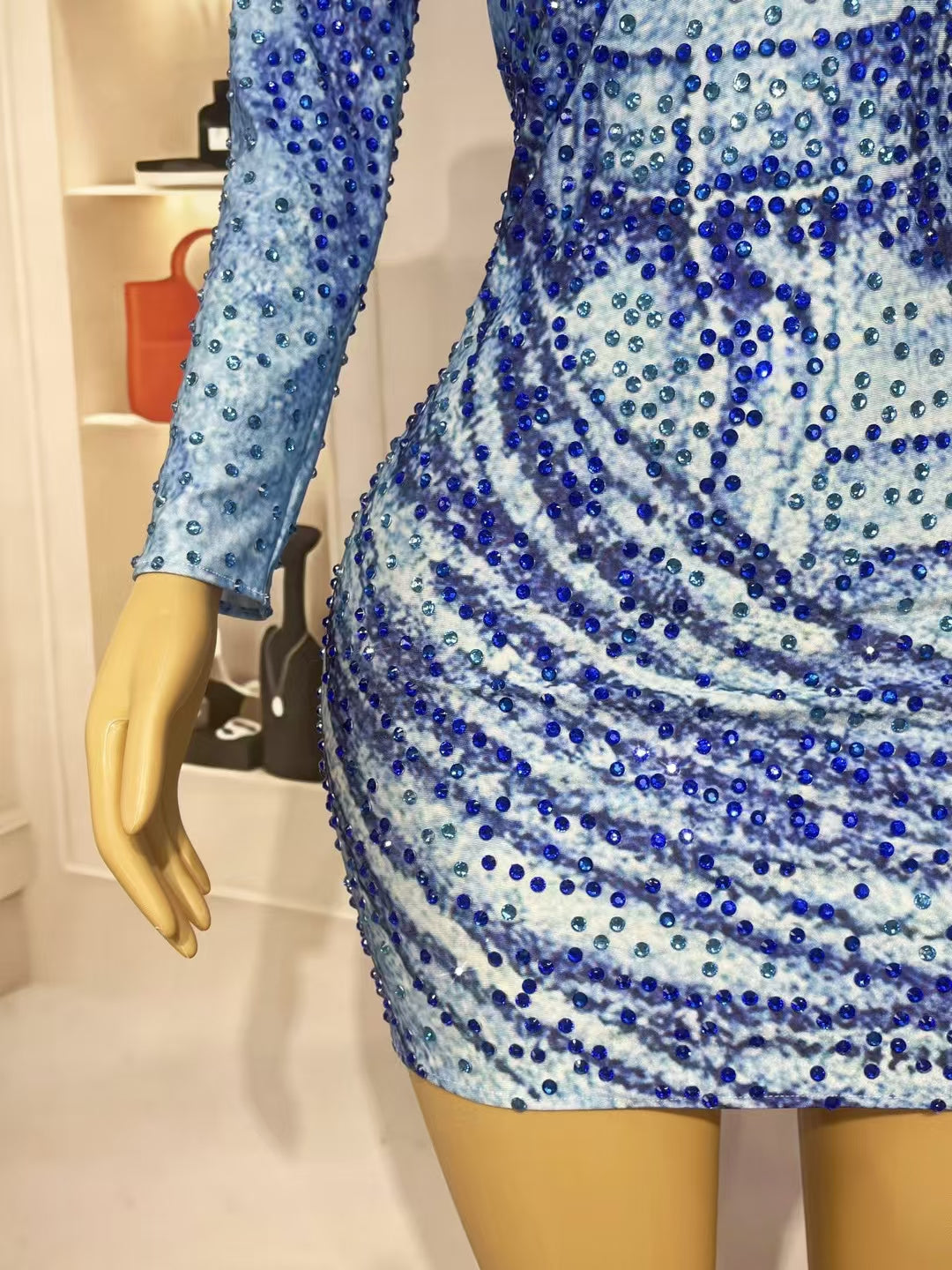 CELESINYI Lanniuzai Crystal Denim Illusion Mini Dress