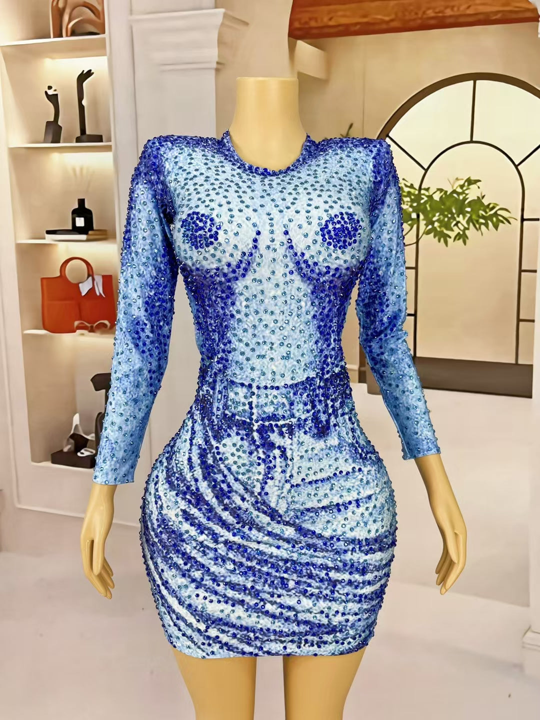 CELESINYI Lanniuzai Crystal Denim Illusion Mini Dress