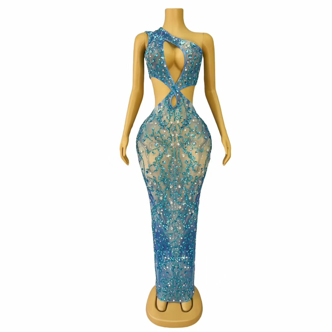 CELESINYI Lanliu Crystal Blue Drapery Gown