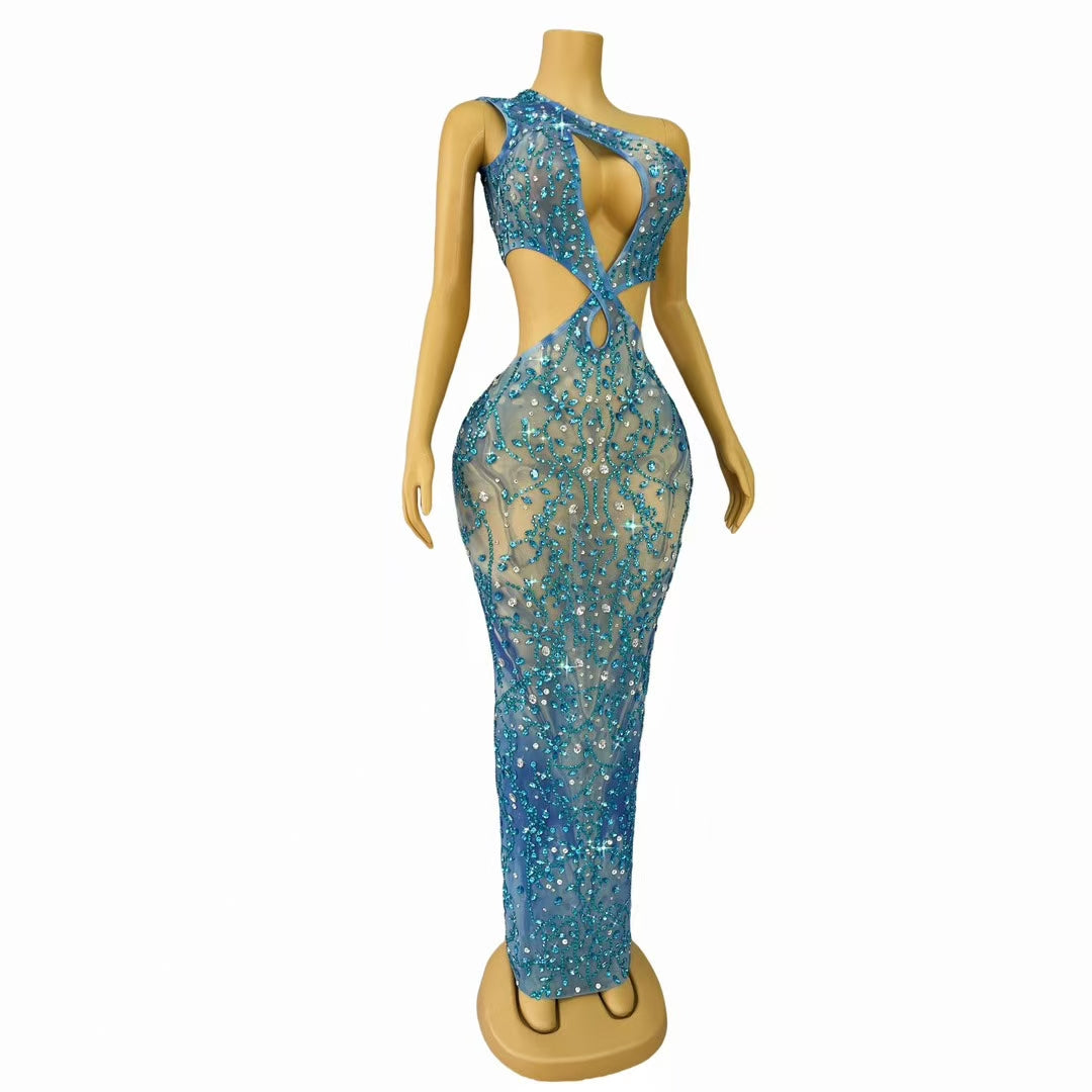 CELESINYI Lanliu Crystal Blue Drapery Gown