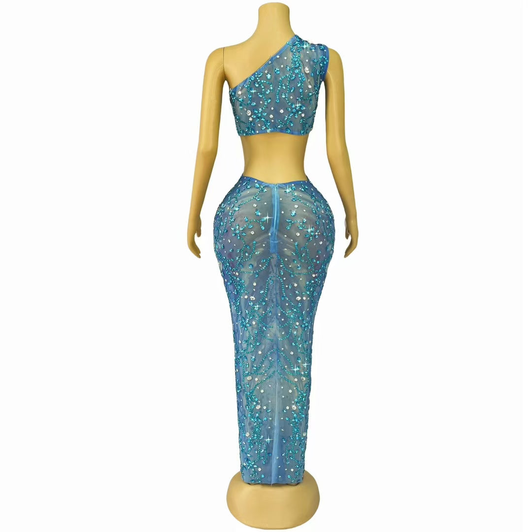 CELESINYI Lanliu Crystal Blue Drapery Gown