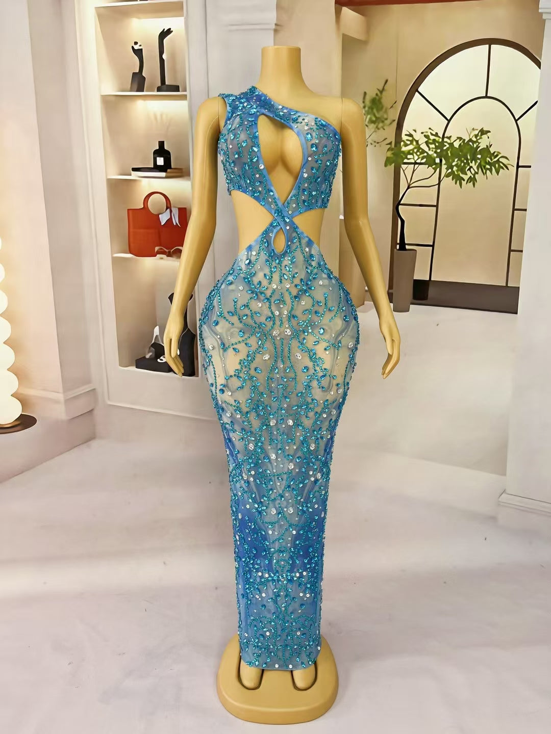 CELESINYI Lanliu Crystal Blue Drapery Gown