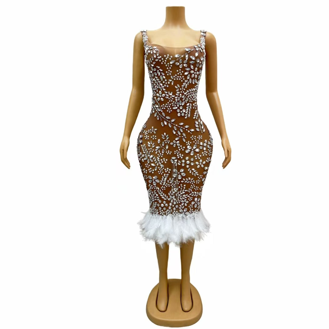CELESINYI Meihua Crystal Plum Blossom Feather Mini Dress