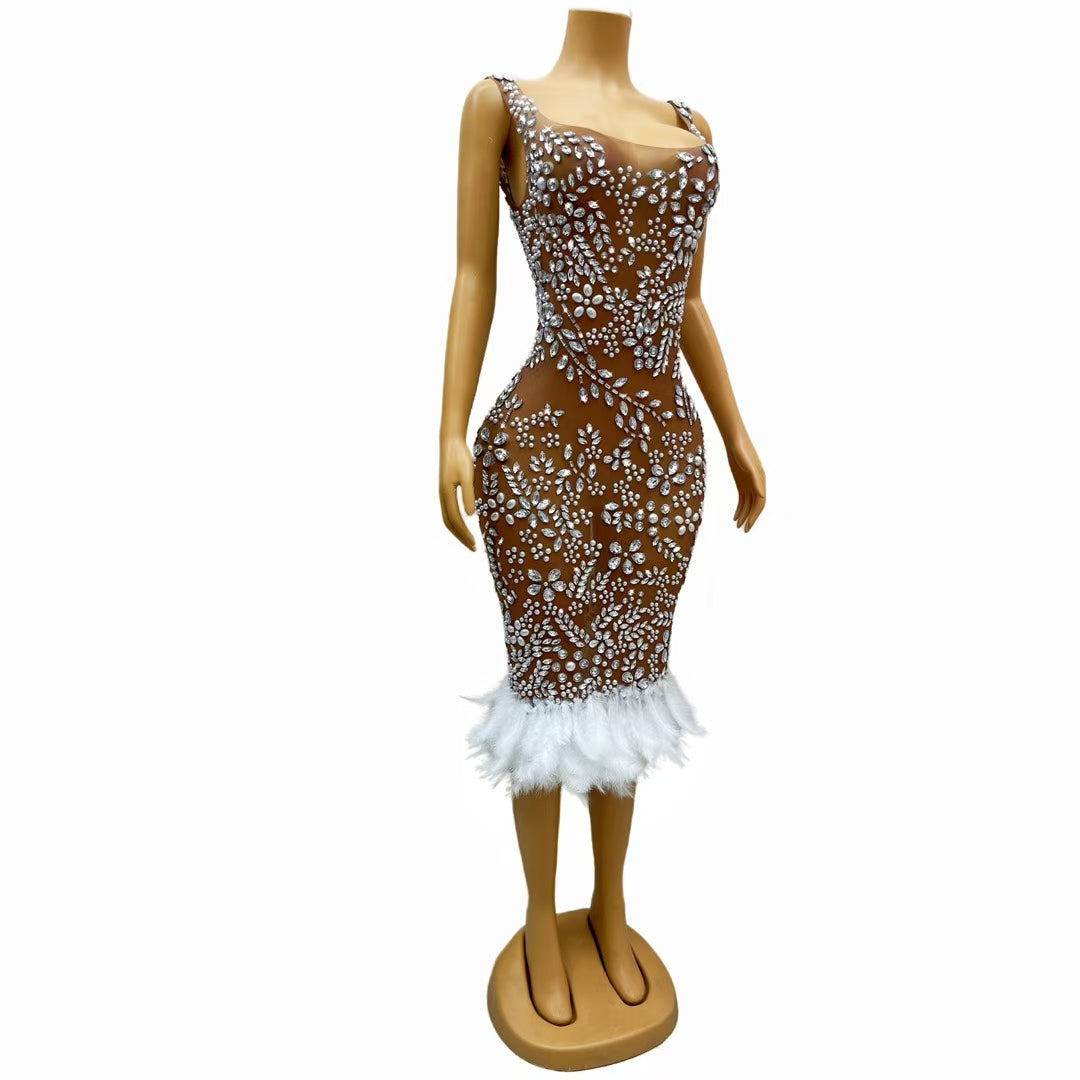 CELESINYI Meihua Crystal Plum Blossom Feather Mini Dress