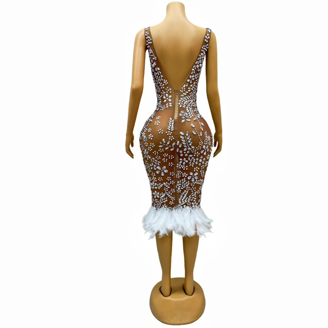 CELESINYI Meihua Crystal Plum Blossom Feather Mini Dress