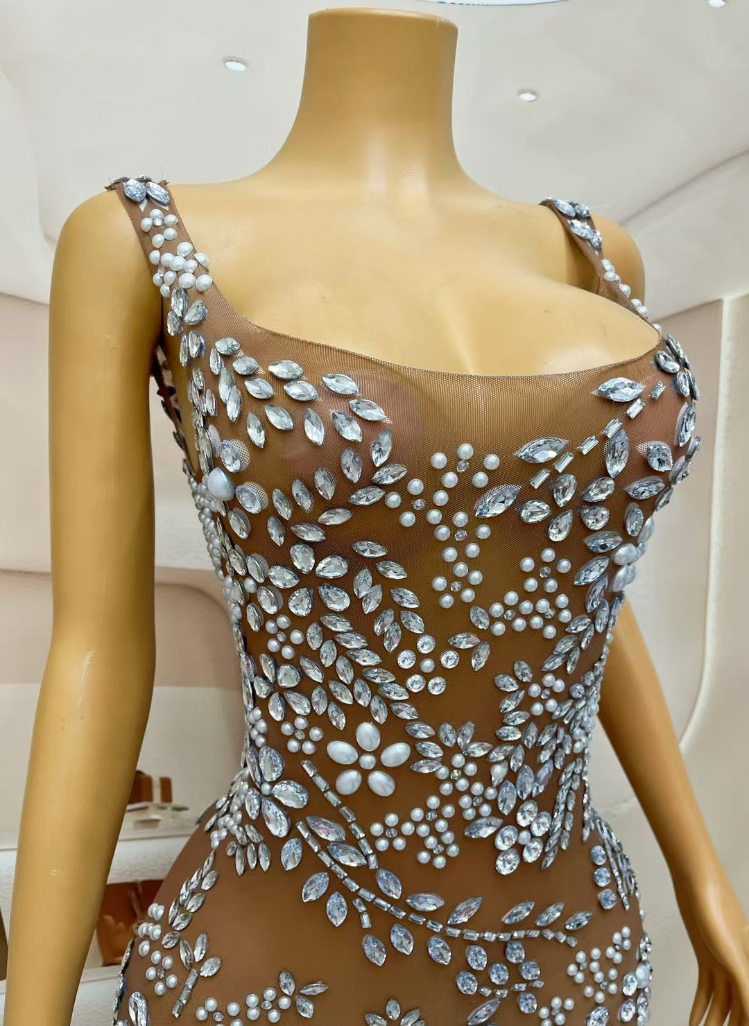 CELESINYI Meihua Crystal Plum Blossom Feather Mini Dress