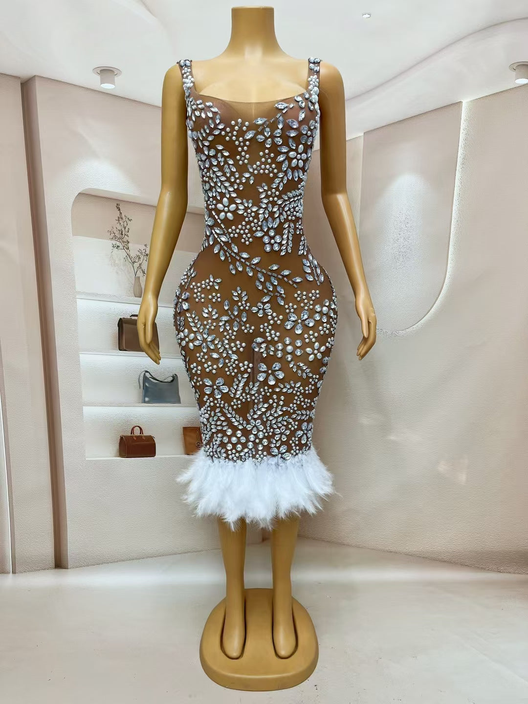 CELESINYI Meihua Crystal Plum Blossom Feather Mini Dress
