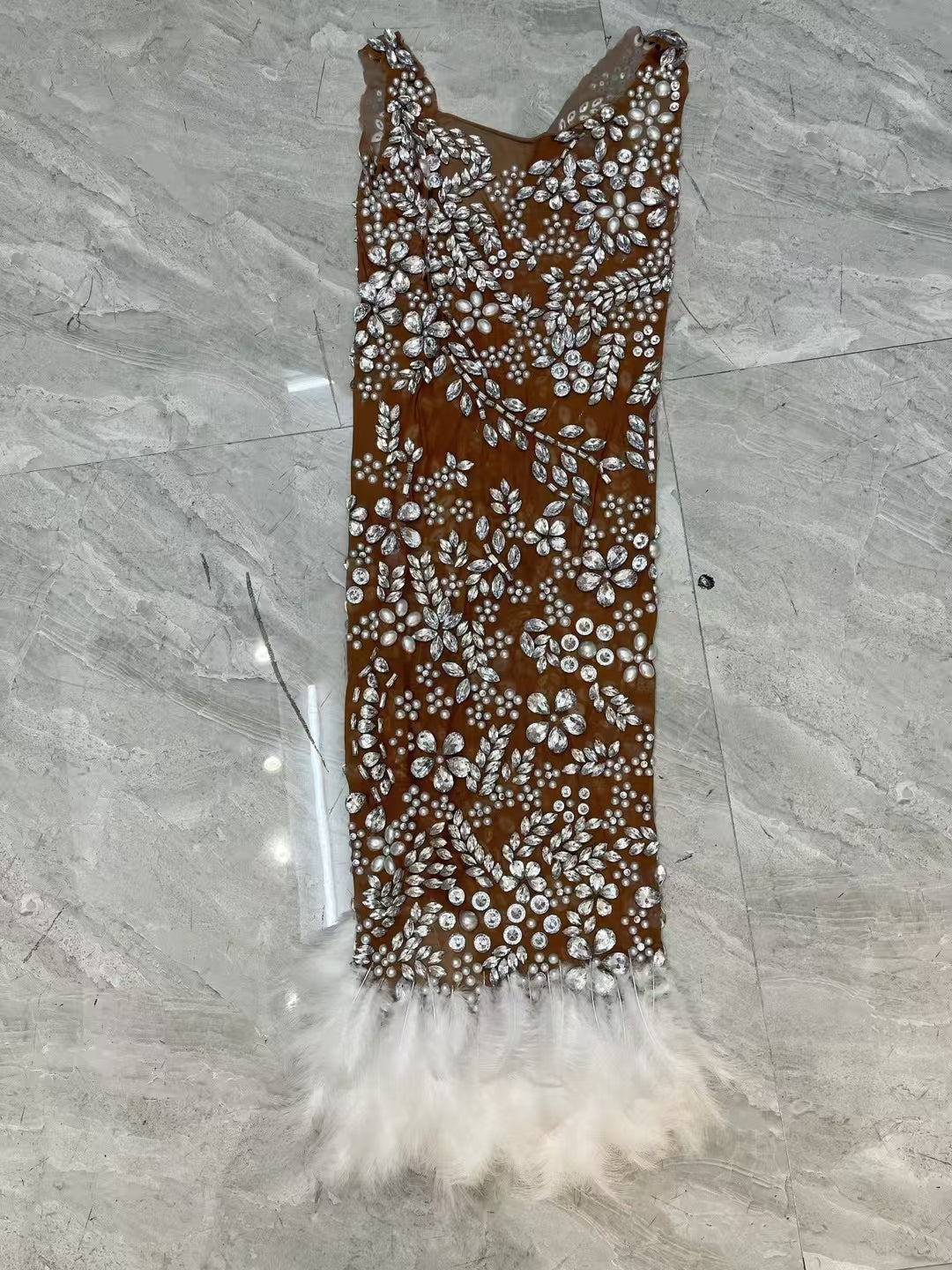 CELESINYI Meihua Crystal Plum Blossom Feather Mini Dress