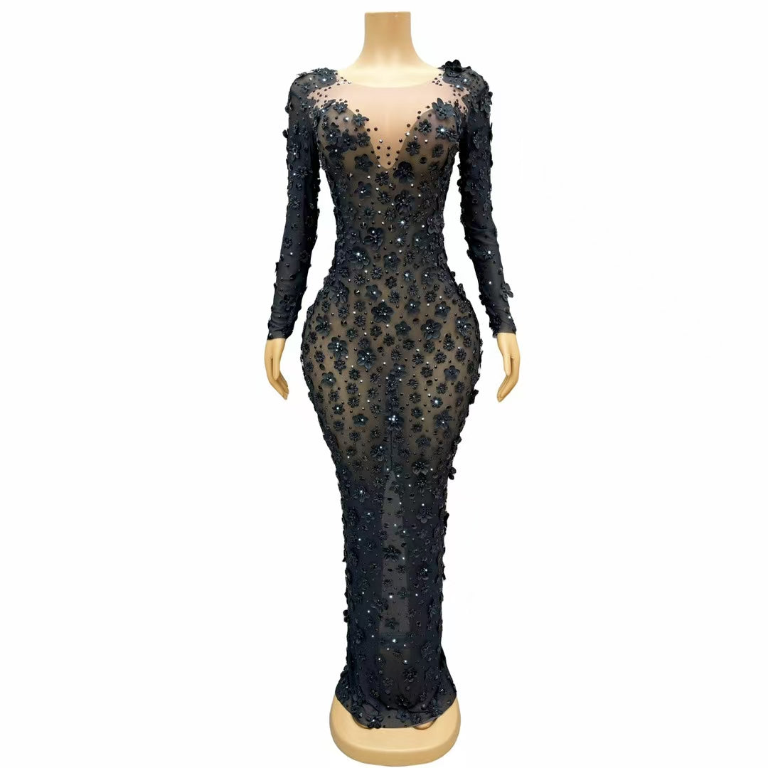CELESINYI Chunjie Crystal Black Flower Long Sleeve Gown