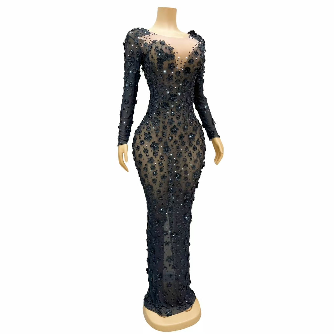 CELESINYI Chunjie Crystal Black Flower Long Sleeve Gown