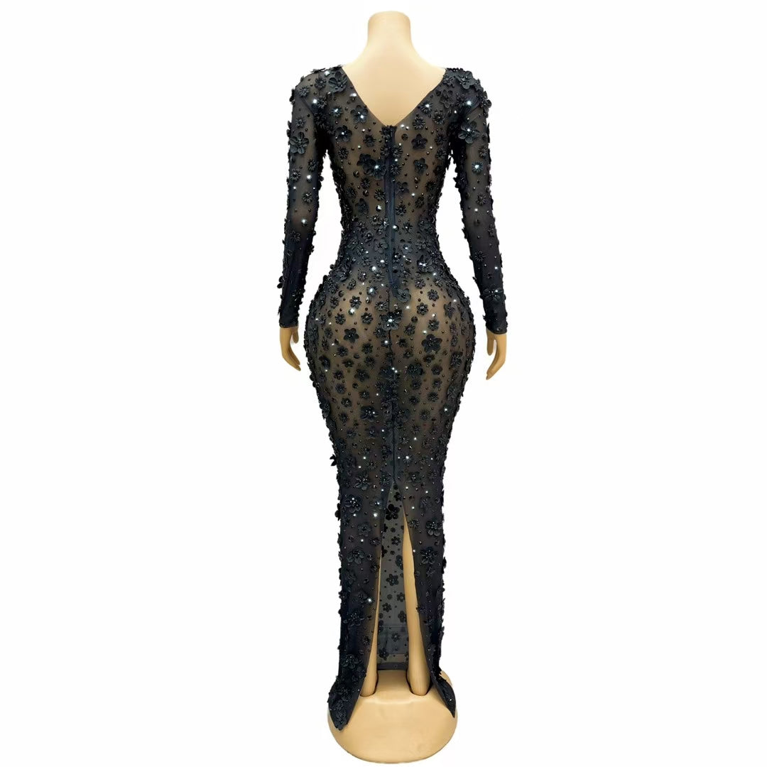 CELESINYI Chunjie Crystal Black Flower Long Sleeve Gown