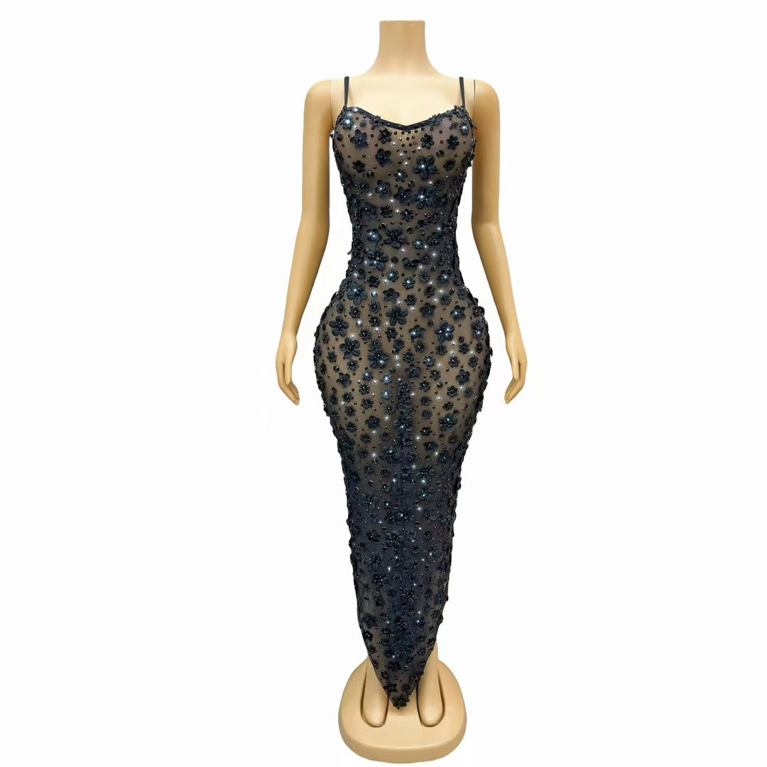 CELESINYI Chunjie Crystal Black 3D Flower Bodysuit