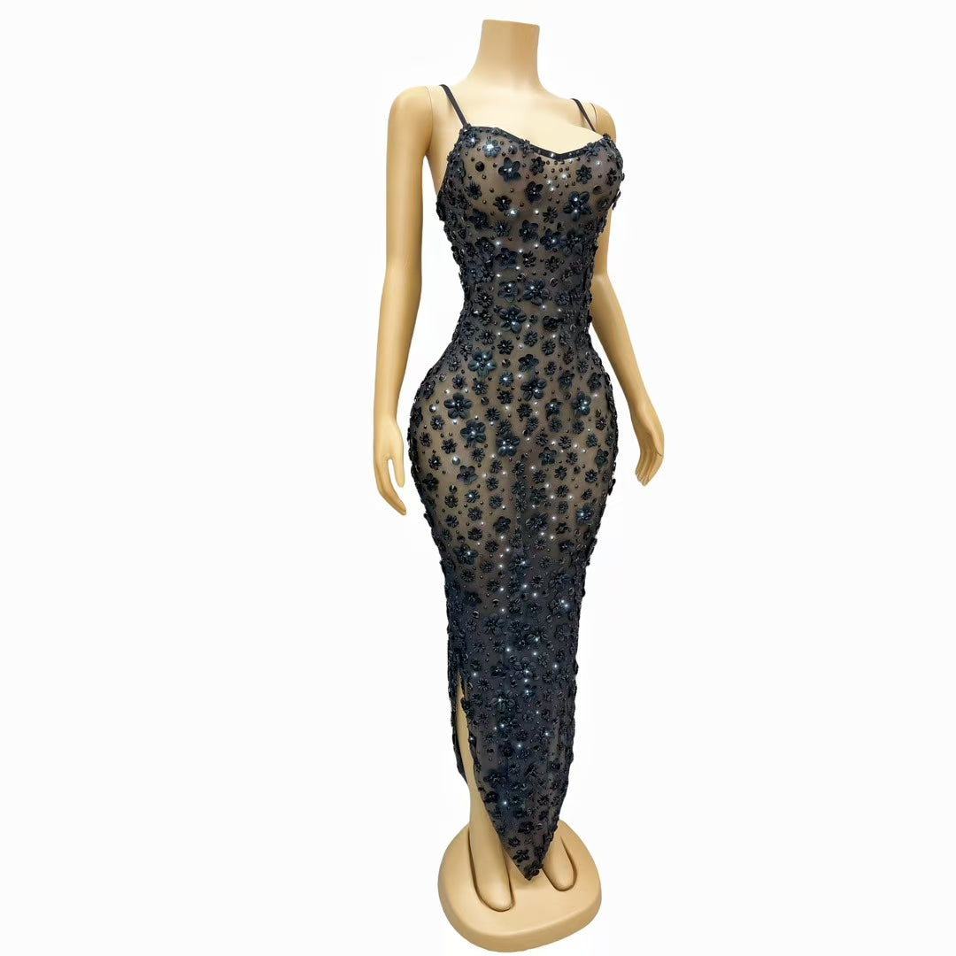 CELESINYI Chunjie Crystal Black 3D Flower Bodysuit