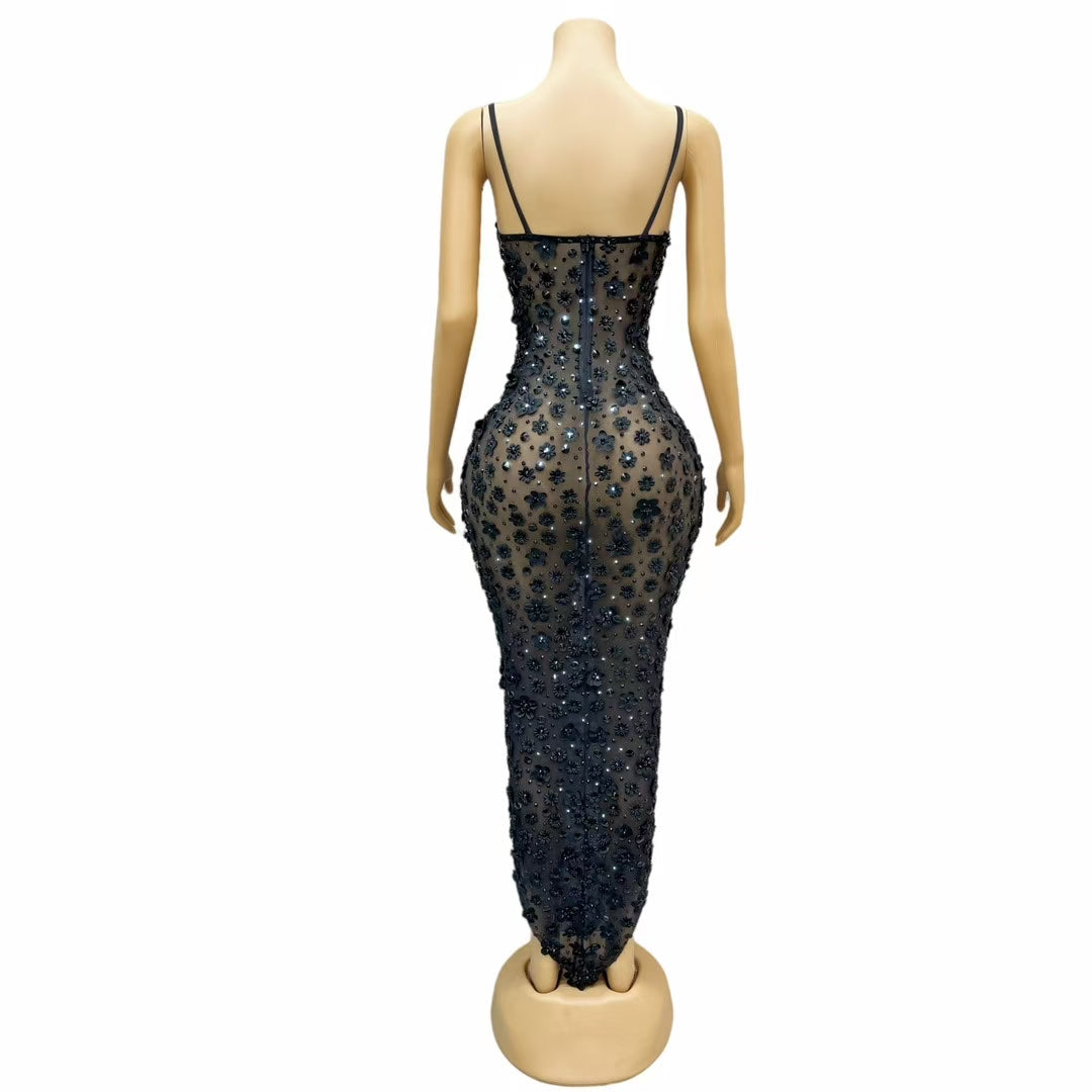 CELESINYI Chunjie Crystal Black 3D Flower Bodysuit