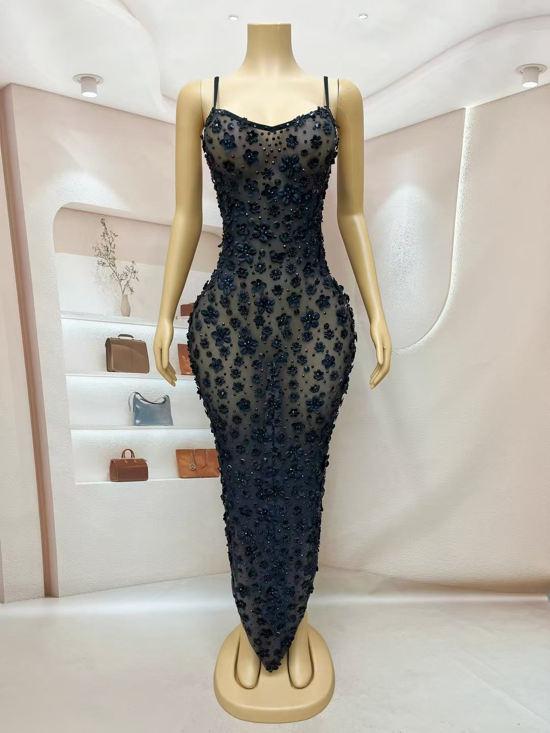 CELESINYI Chunjie Crystal Black 3D Flower Bodysuit