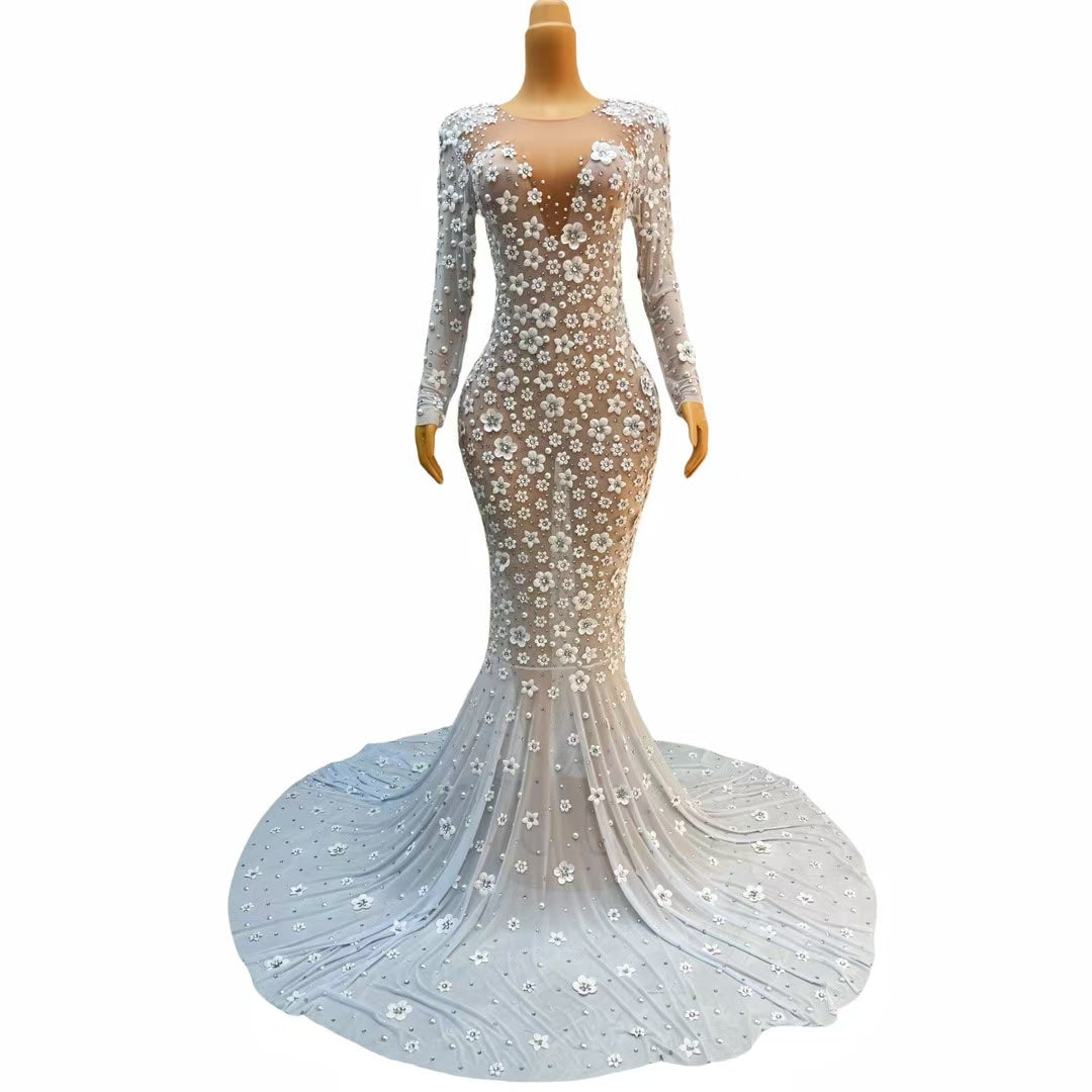 CELESINYI Chunjie Crystal Ice 3D Flower Mermaid Gown