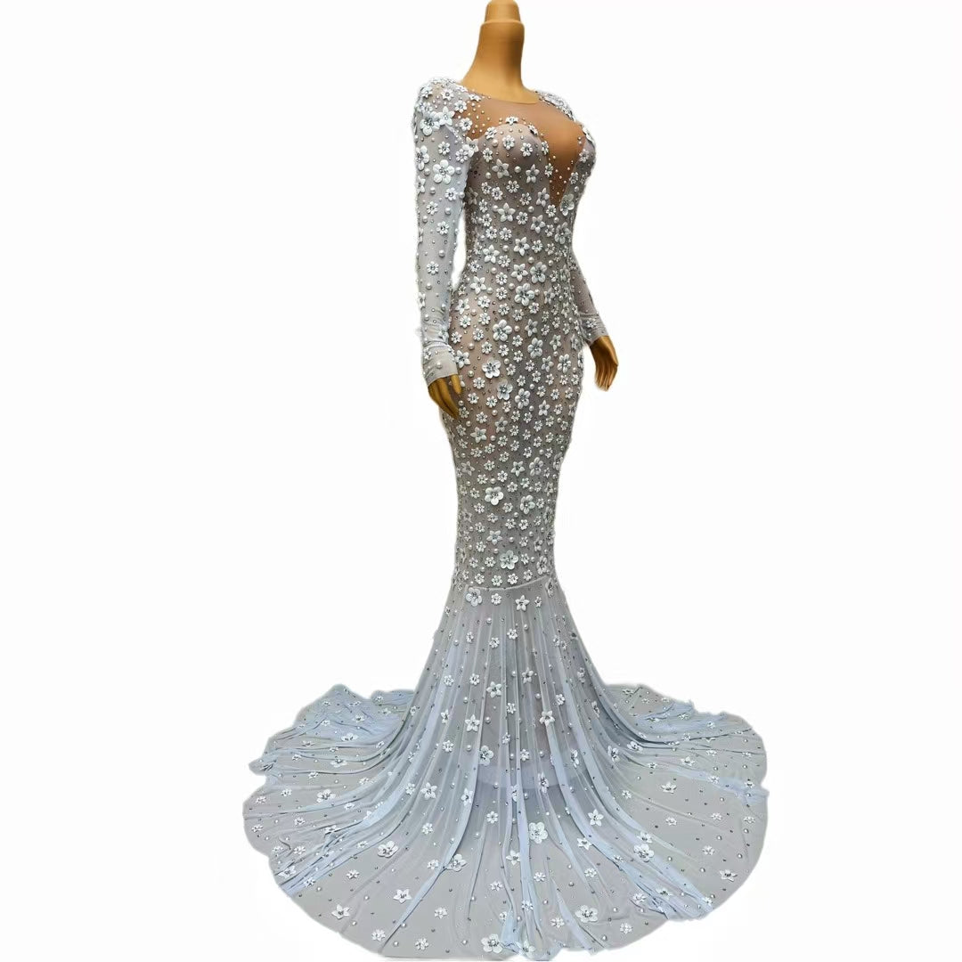 CELESINYI Chunjie Crystal Ice 3D Flower Mermaid Gown