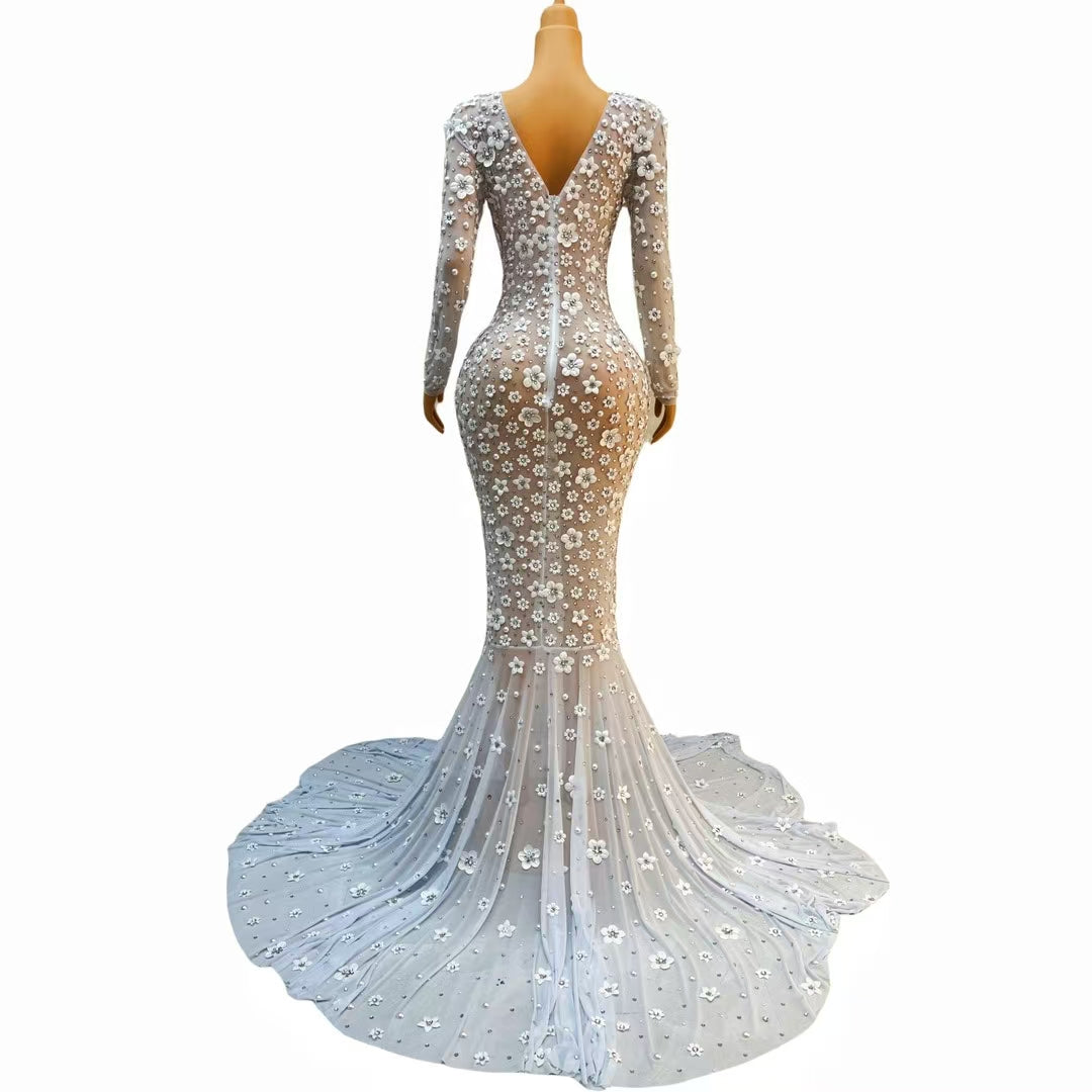 CELESINYI Chunjie Crystal Ice 3D Flower Mermaid Gown