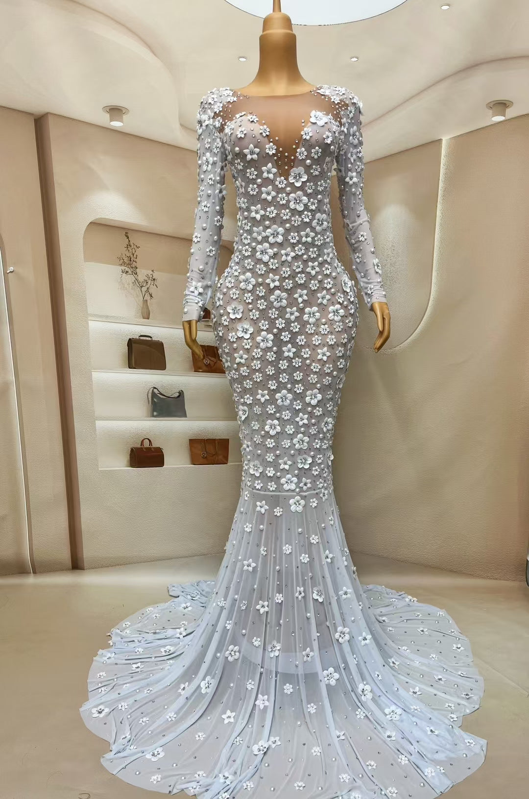 CELESINYI Chunjie Crystal Ice 3D Flower Mermaid Gown