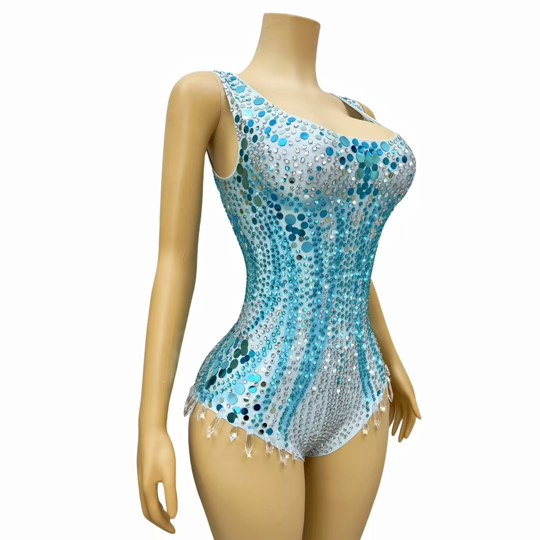 CELESINYI Lvpian Crystal Ice Blue Sequin Bodysuit