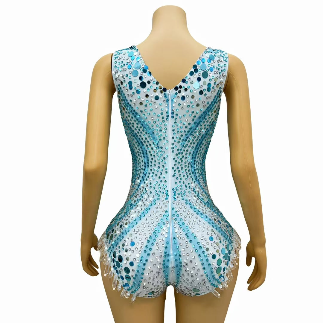 CELESINYI Lvpian Crystal Ice Blue Sequin Bodysuit