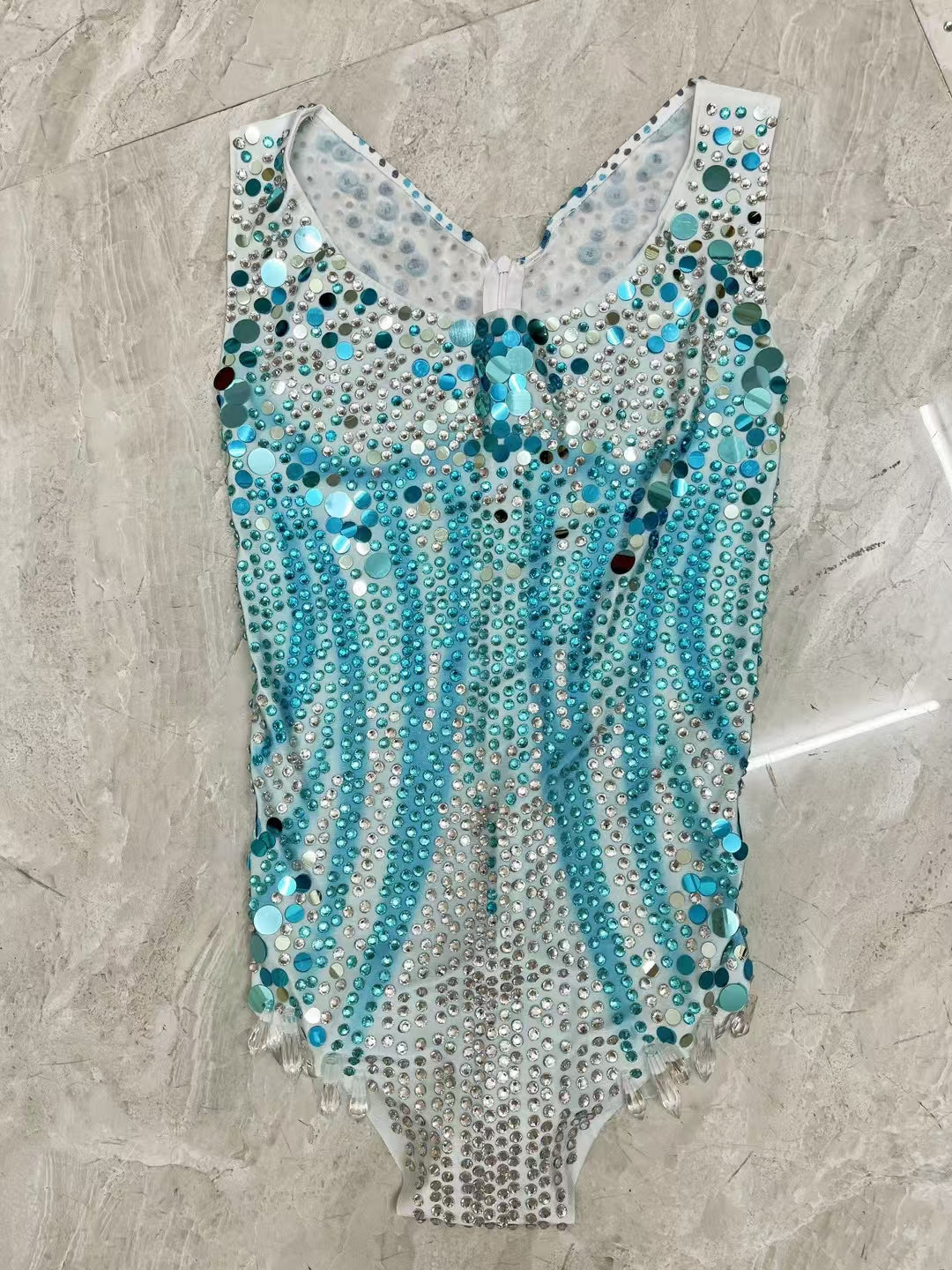 CELESINYI Lvpian Crystal Ice Blue Sequin Bodysuit