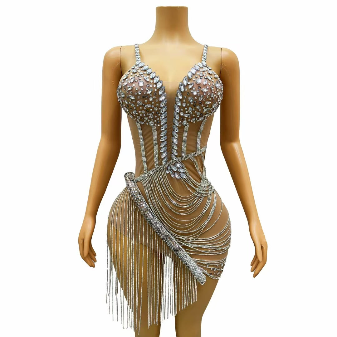 CELESINYI Liehu Crystal Black Pearl Swag Mini Dress