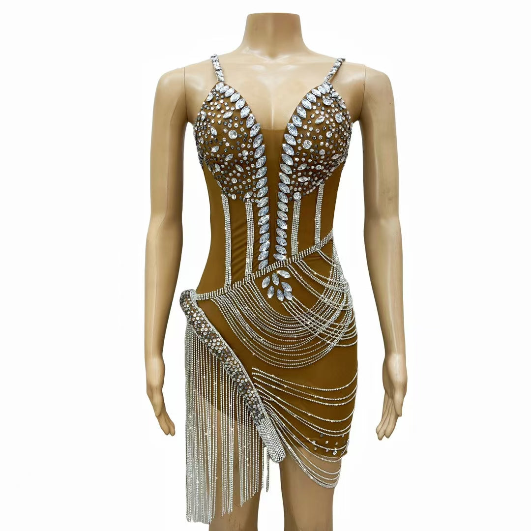 CELESINYI Liehu Crystal Black Pearl Swag Mini Dress