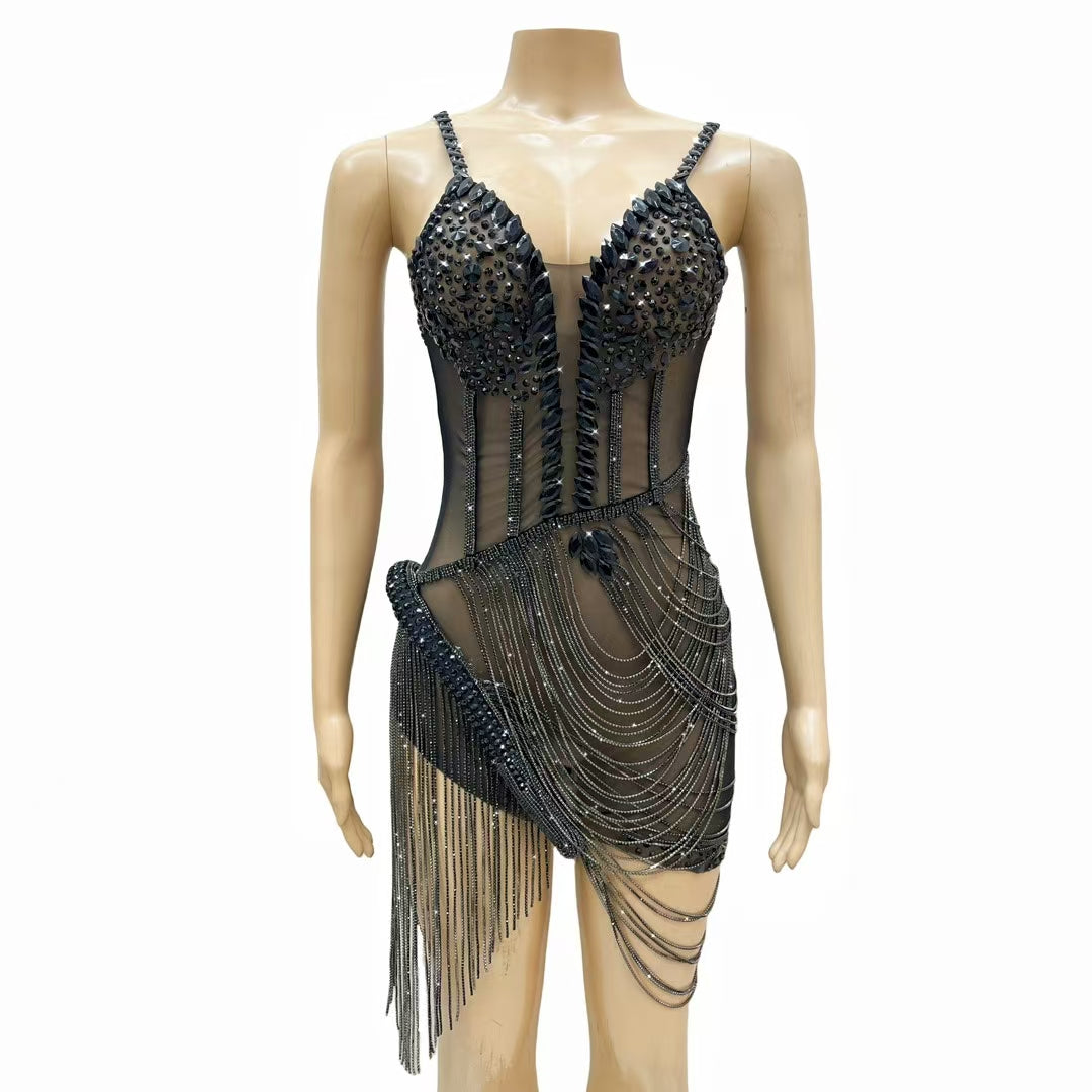 CELESINYI Liehu Crystal Black Pearl Swag Mini Dress