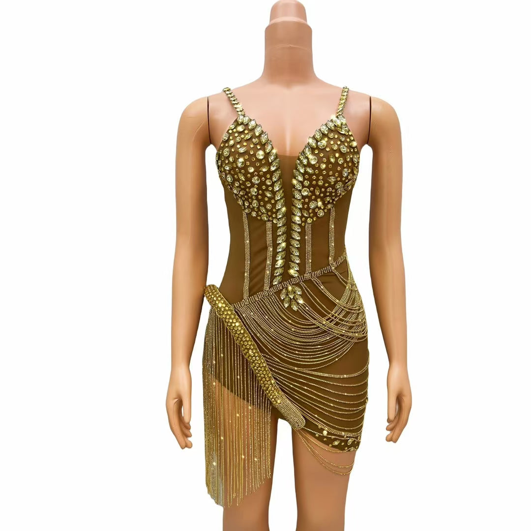 CELESINYI Liehu Crystal Black Pearl Swag Mini Dress