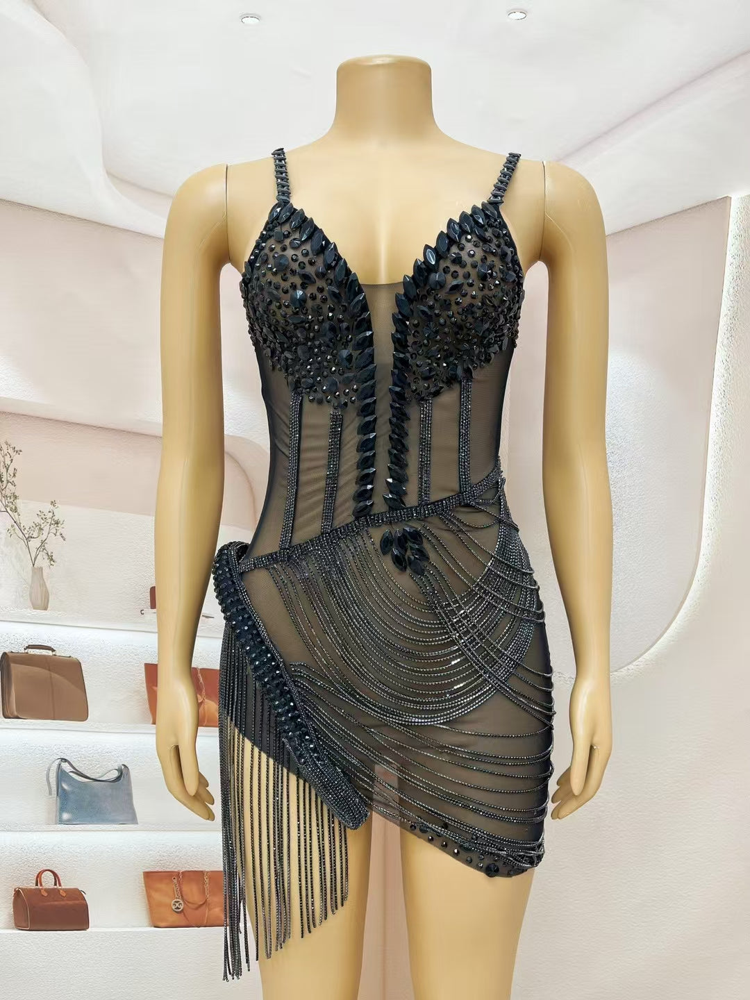 CELESINYI Liehu Crystal Black Pearl Swag Mini Dress