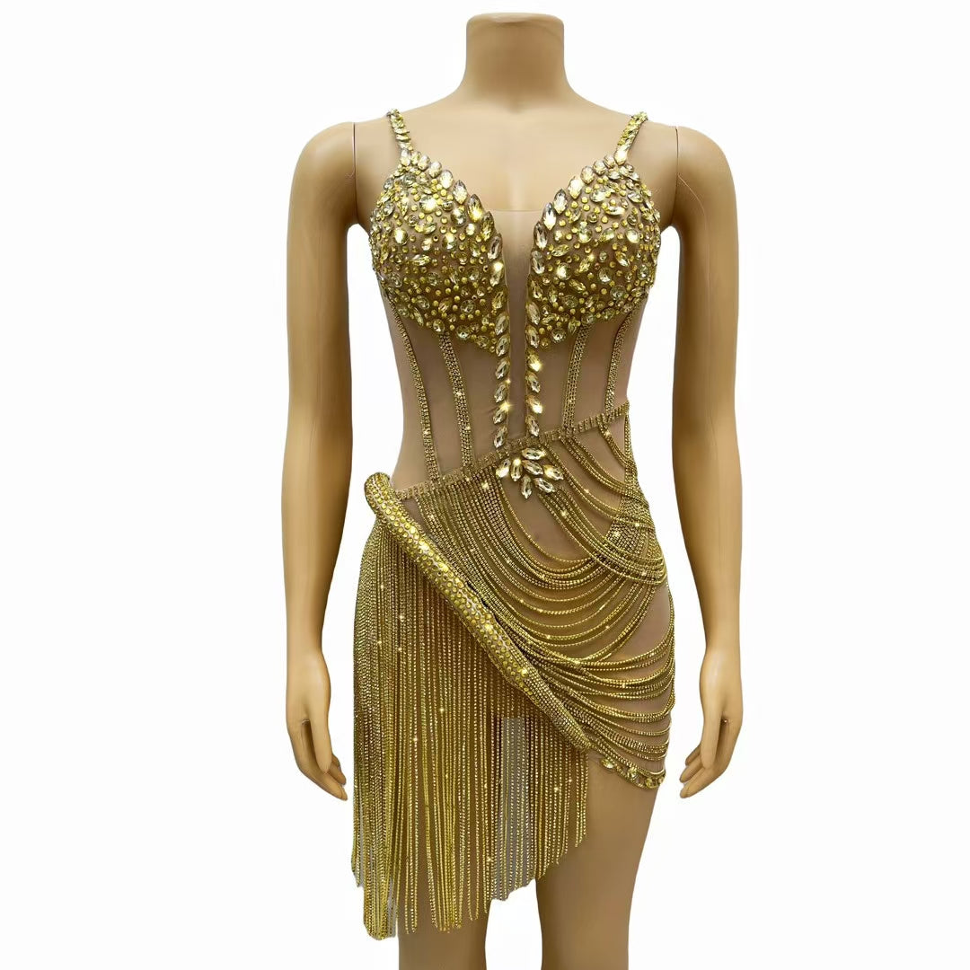CELESINYI Liehu Crystal Black Pearl Swag Mini Dress