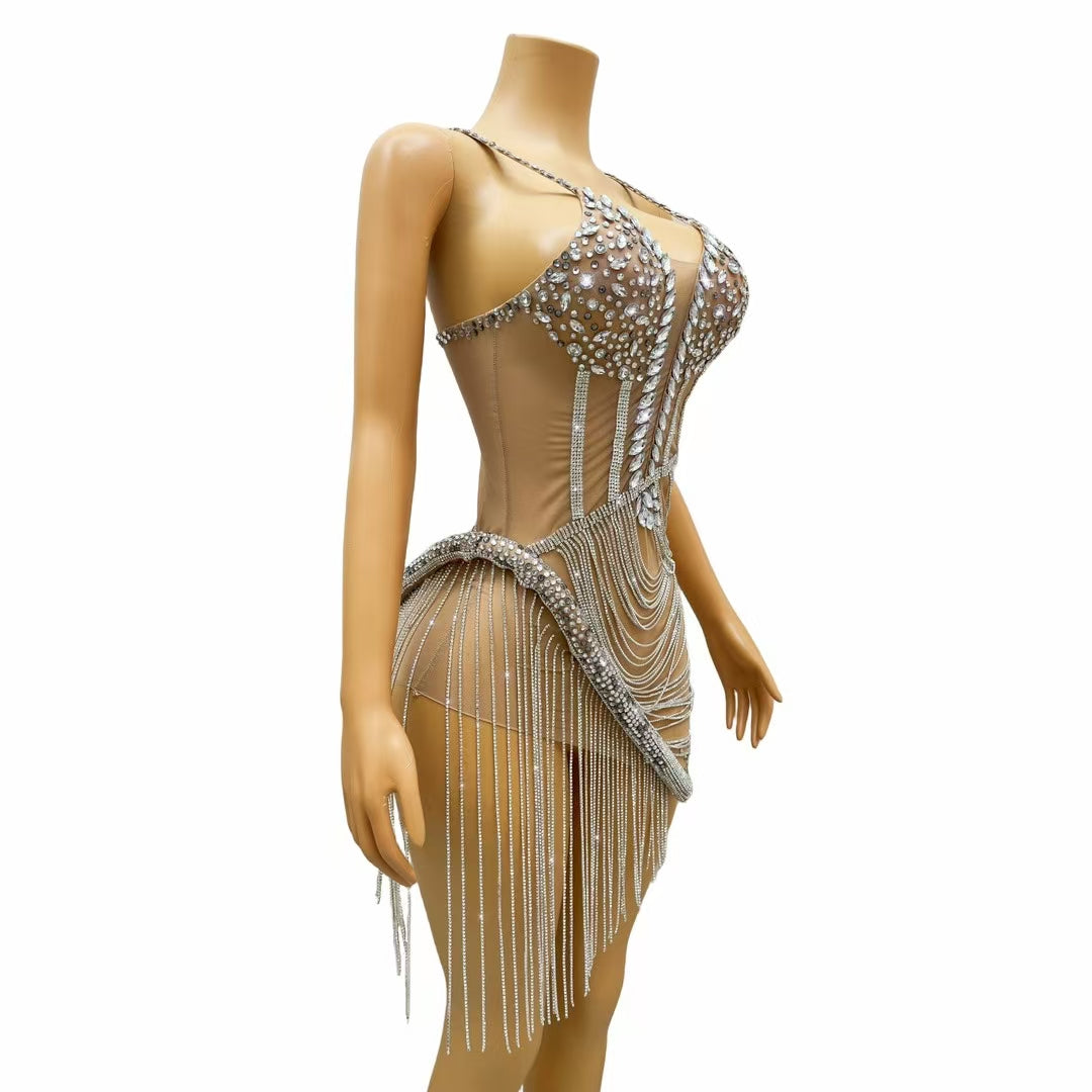 CELESINYI Liehu Crystal Black Pearl Swag Mini Dress