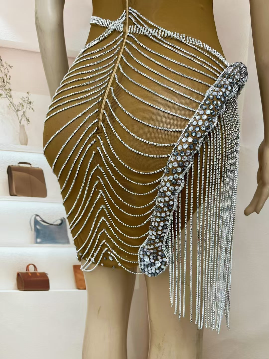 CELESINYI Liehu Crystal Black Pearl Swag Mini Dress