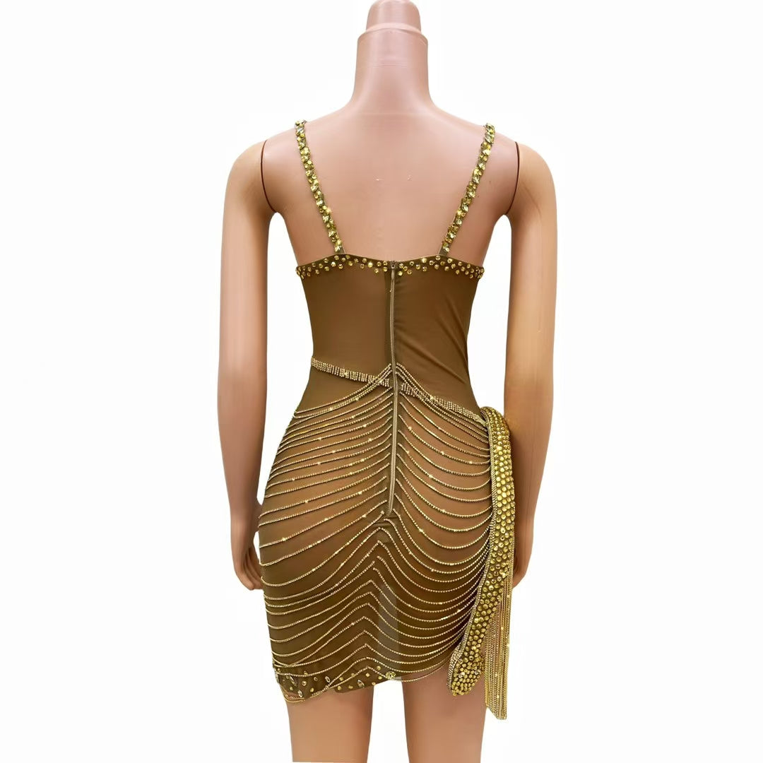 CELESINYI Liehu Crystal Black Pearl Swag Mini Dress