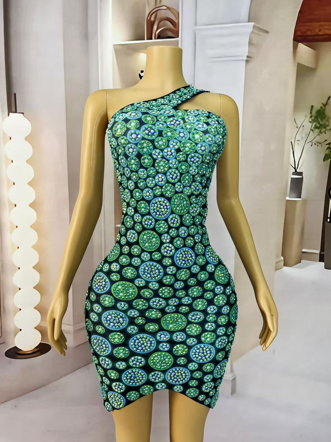 CELESINYI Lanlvguodong Crystal Neon Dot Mini Dress