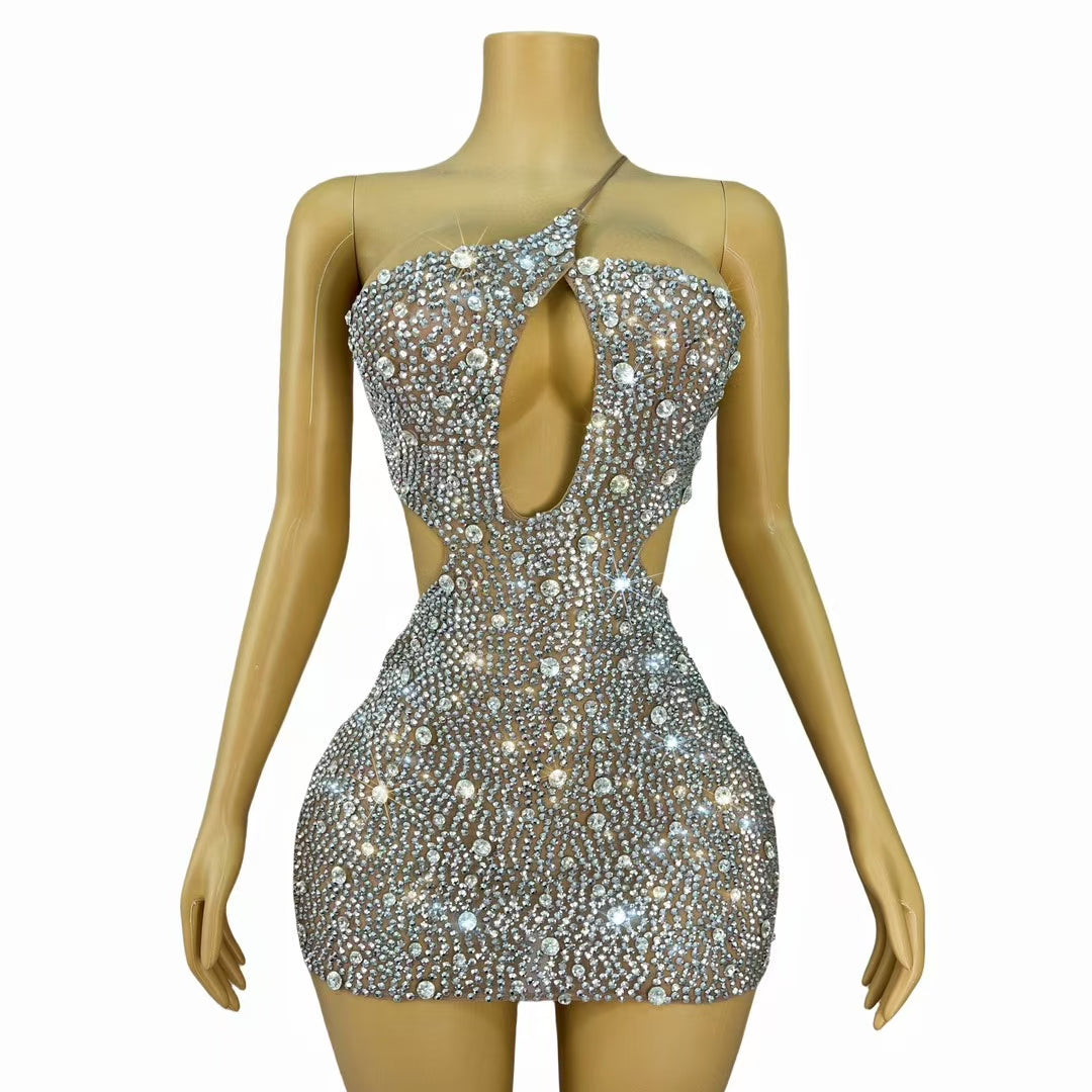 CELESINYI Xingzhi Crystal Keyhole Mini Dress